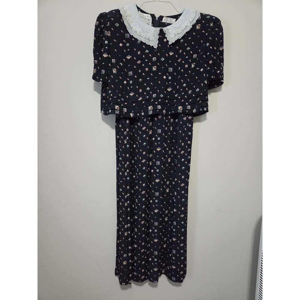 Vintage Karin Stevens Navy Geometric Print Lace Collar Midi Dress Women 14 90s